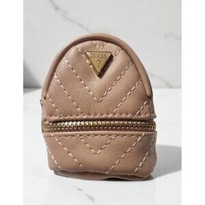 GUESS Mini Backpack Keychain PU Leather Beige/Taupe Tone Quilted Gold Logo Charm
